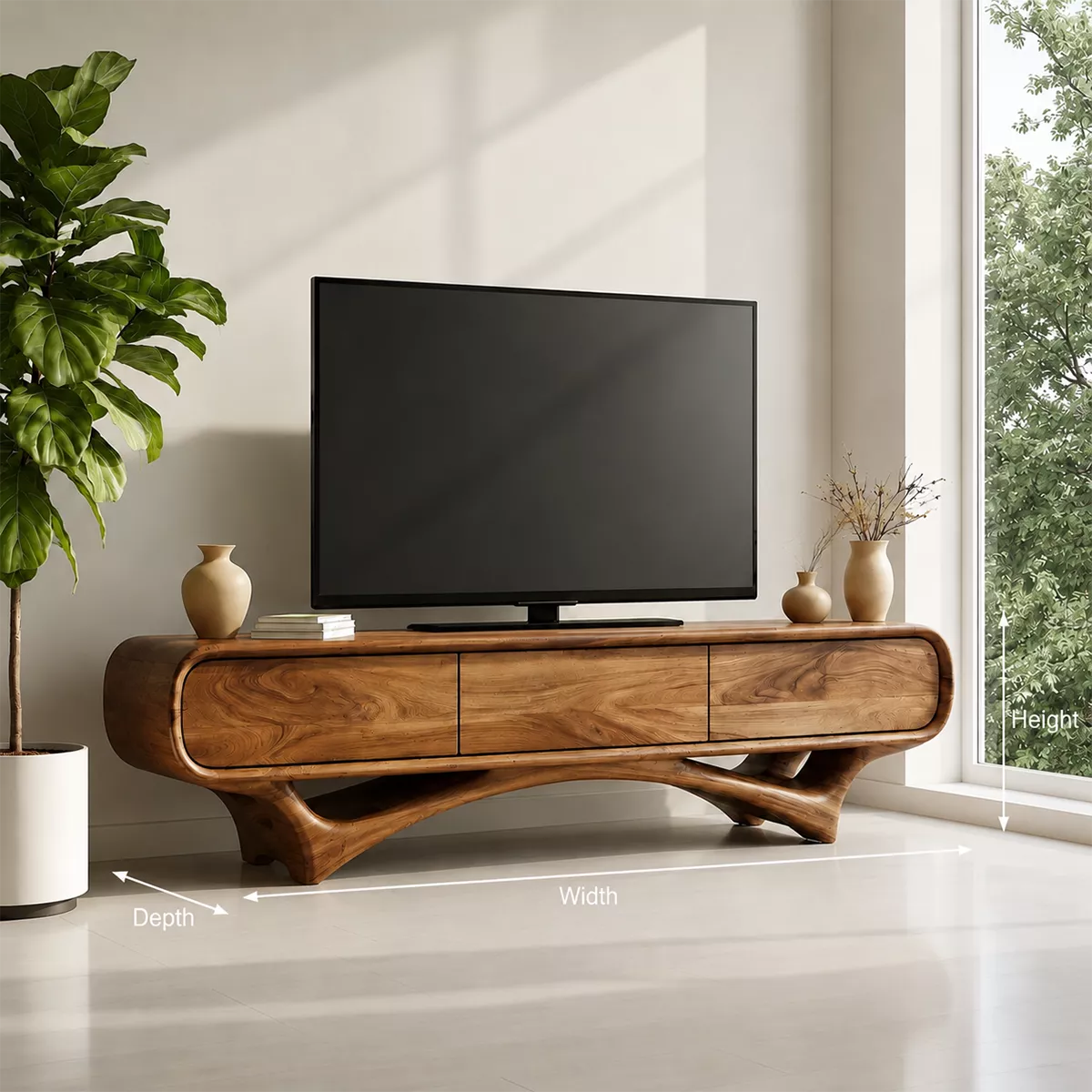 Organic Solid Wood TV Stand With Rounded Edges And Sculptural Curved Base