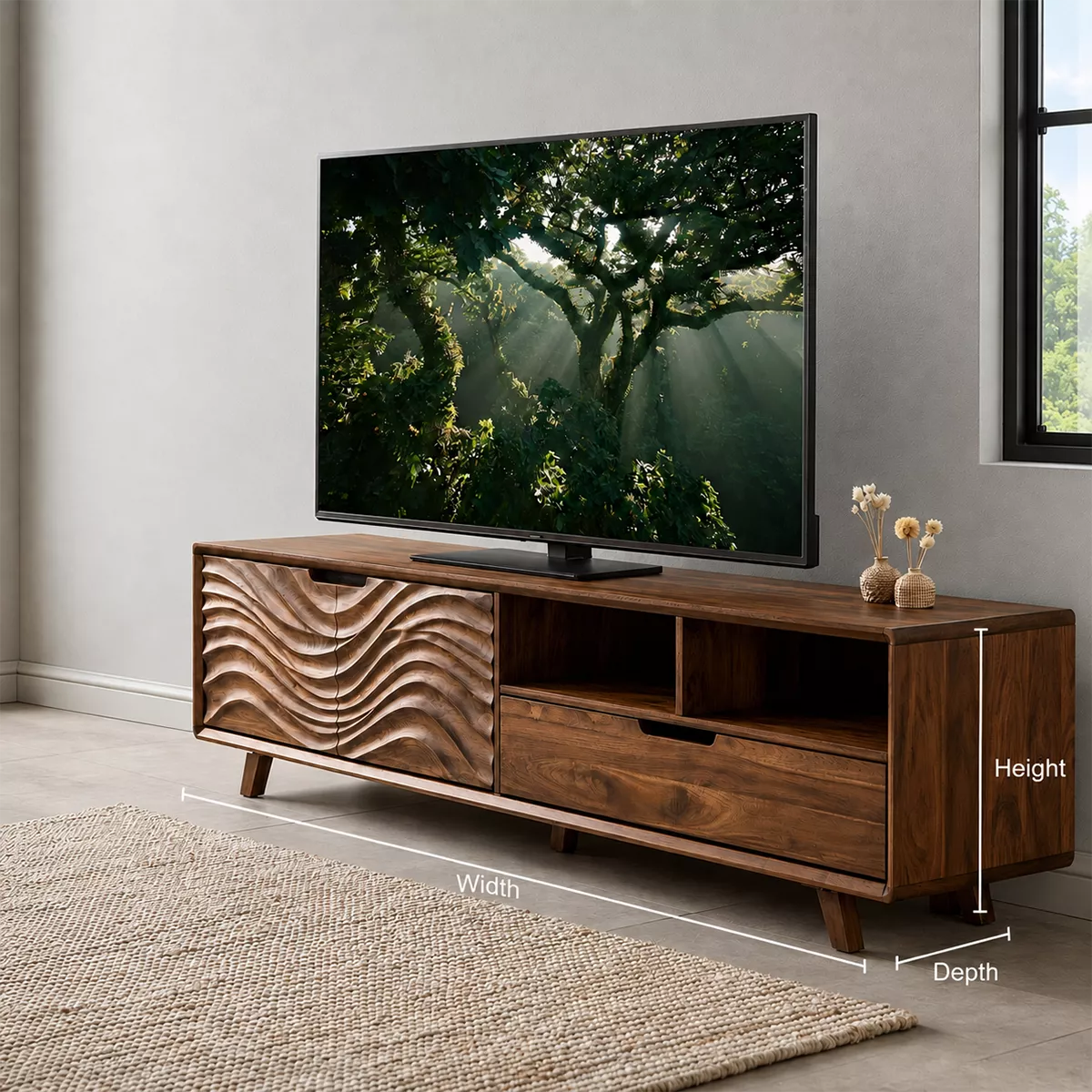 Handcrafted Solid Wood TV Stand With Sculptural Wave Carved Doors And Open Storage Shelves