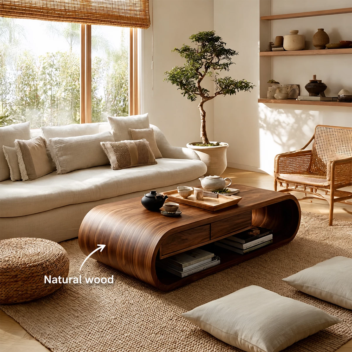 Curved Solid Wood Coffee Table With Storage Drawers Open Shelf And Rounded Waterfall Base For Modern Living Room - Livewoodcraft - 10