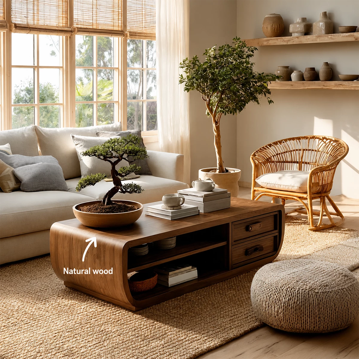 Curved Solid Wood Coffee Table With Storage Drawers Open Shelf And Rounded Waterfall Sides For Modern Living Room - Livewoodcraft - 10