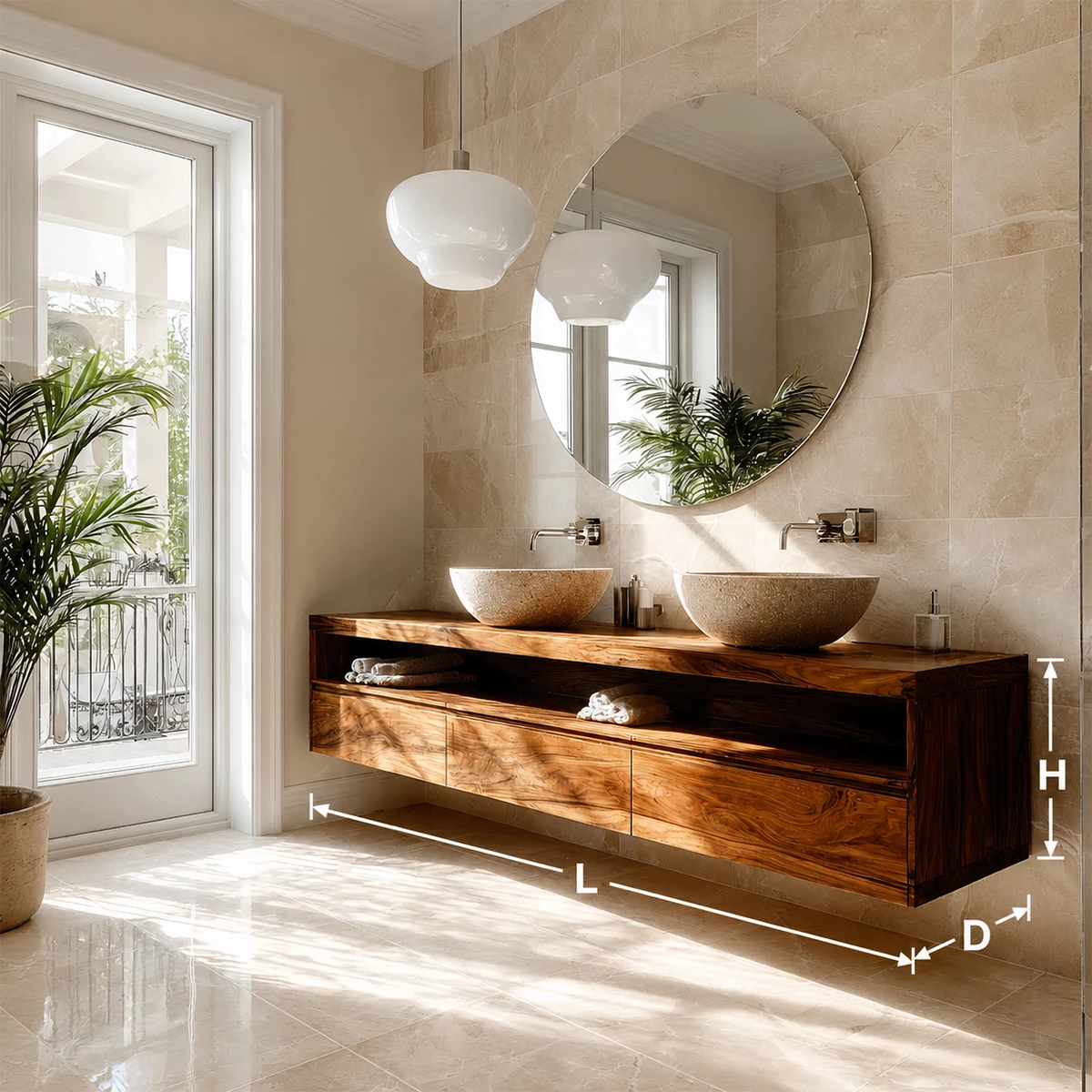 Double Sink Floating Bathroom Vanity with Open Shelf in Natural Solid Wood - Livewoodcraft - 1168 - 10