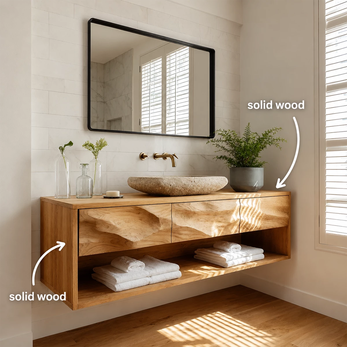 Floating Bathroom Vanity with Sculpted Drawer Fronts in Natural Solid Wood - Livewoodcraft - 10