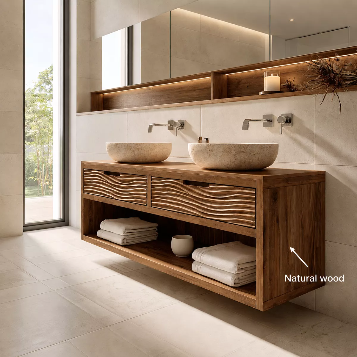 Floating Solid Wood Bathroom Vanity With Carved Wave Drawers And Open Shelf Storage - Livewoodcraft - 11