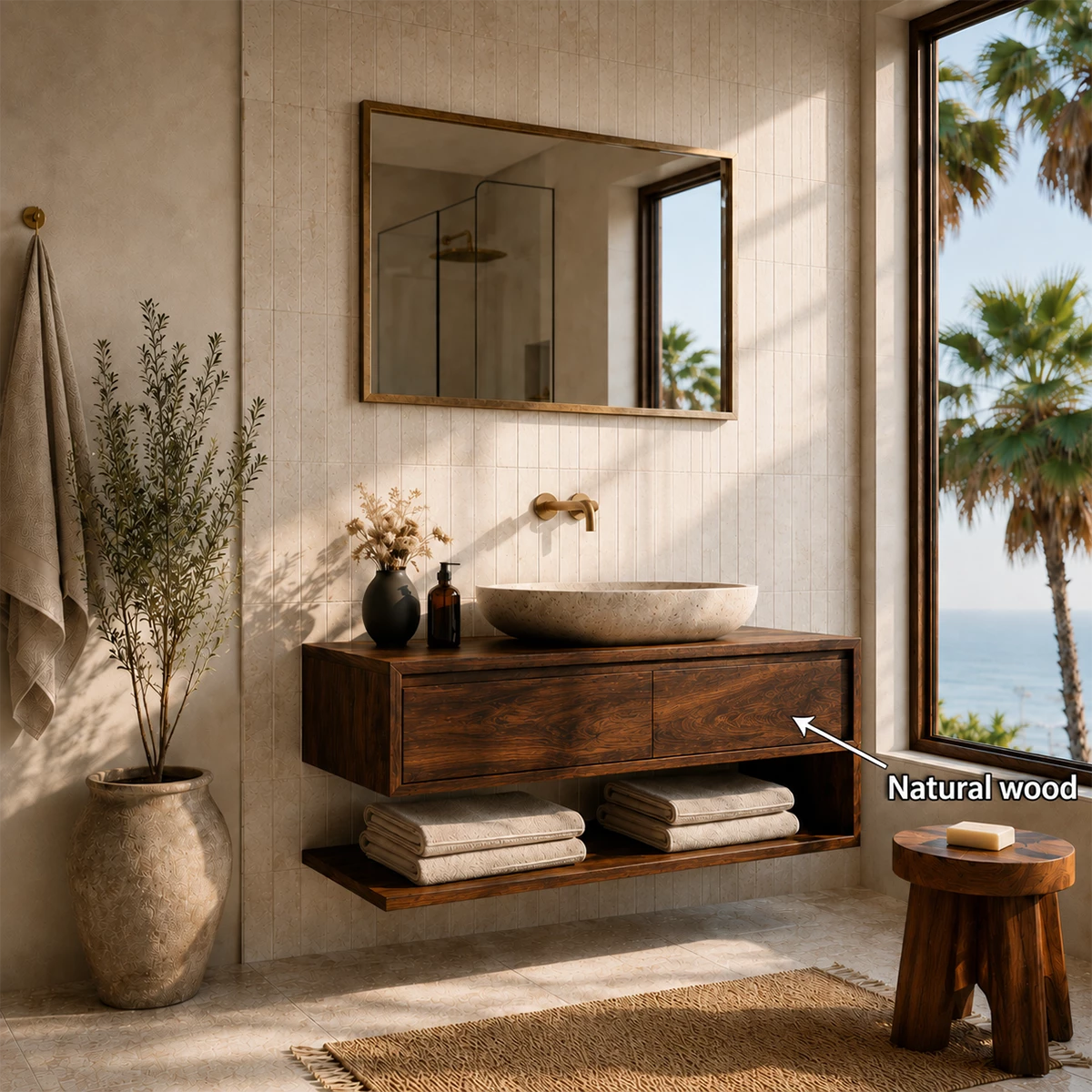 Floating Solid Wood Bathroom Vanity With Vessel Sink & Open Towel Shelf - Livewoodcraft - 11