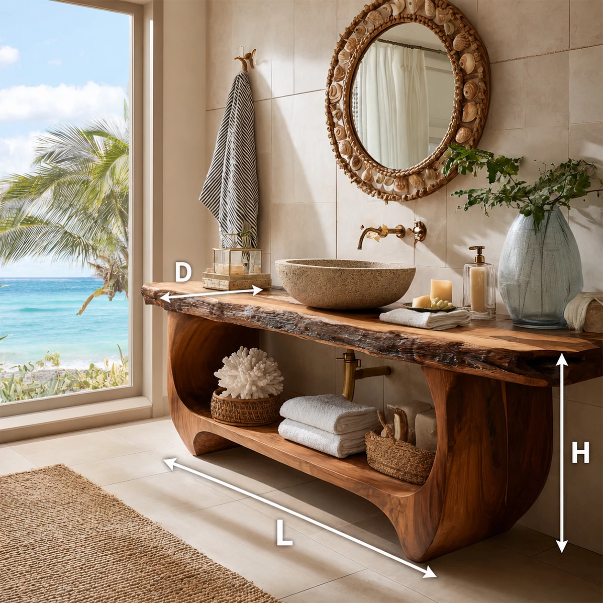 Live Edge Bathroom Vanity with Sculptural Open Shelf in Natural Solid Wood - Livewoodcraft - 10