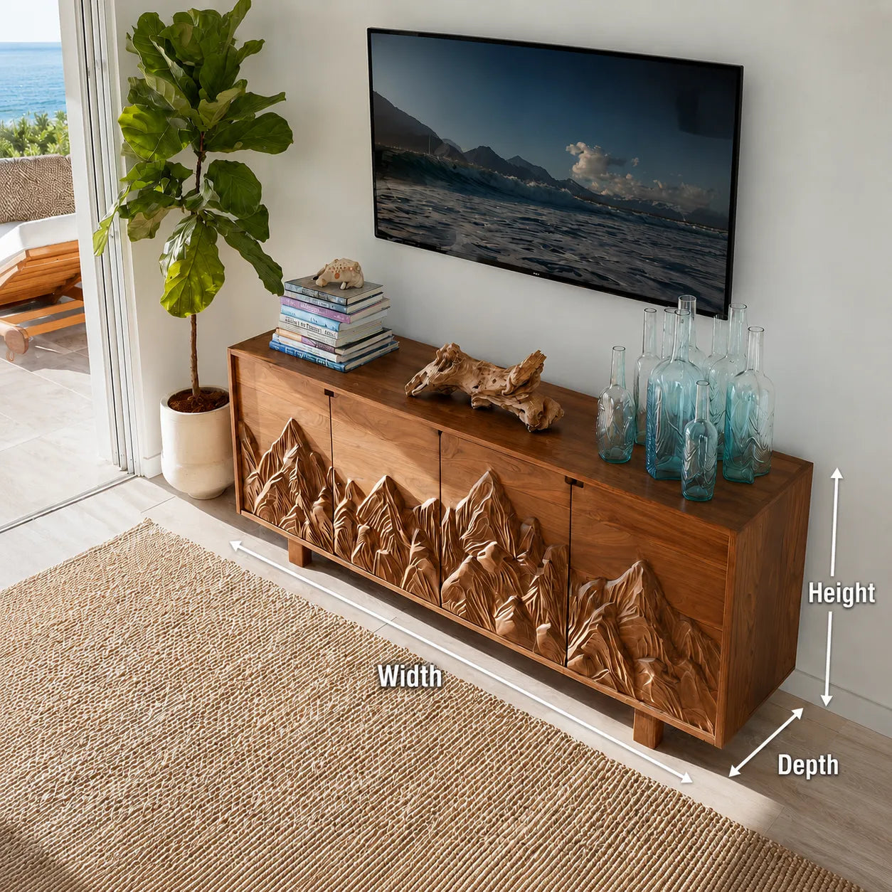 Mountain Carved Natural Solid Wood TV Stand with Hidden Storage - Livewoodcraft - 11
