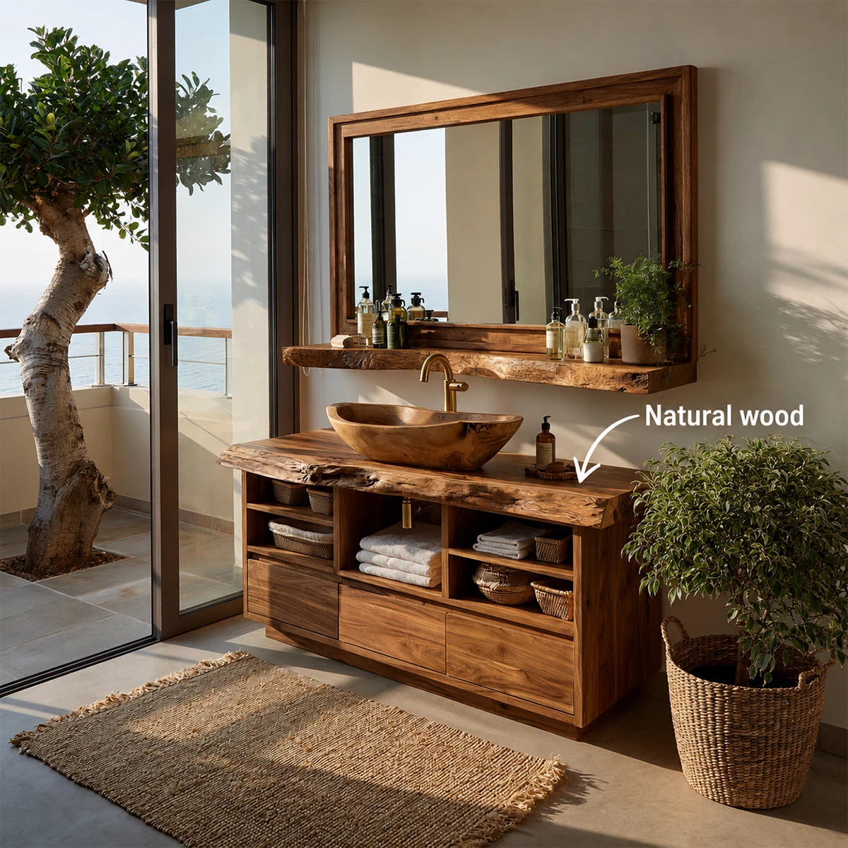 Natural Solid Wood Bathroom Vanity with Three Drawers and Open Shelving - Livewoodcraft - 10