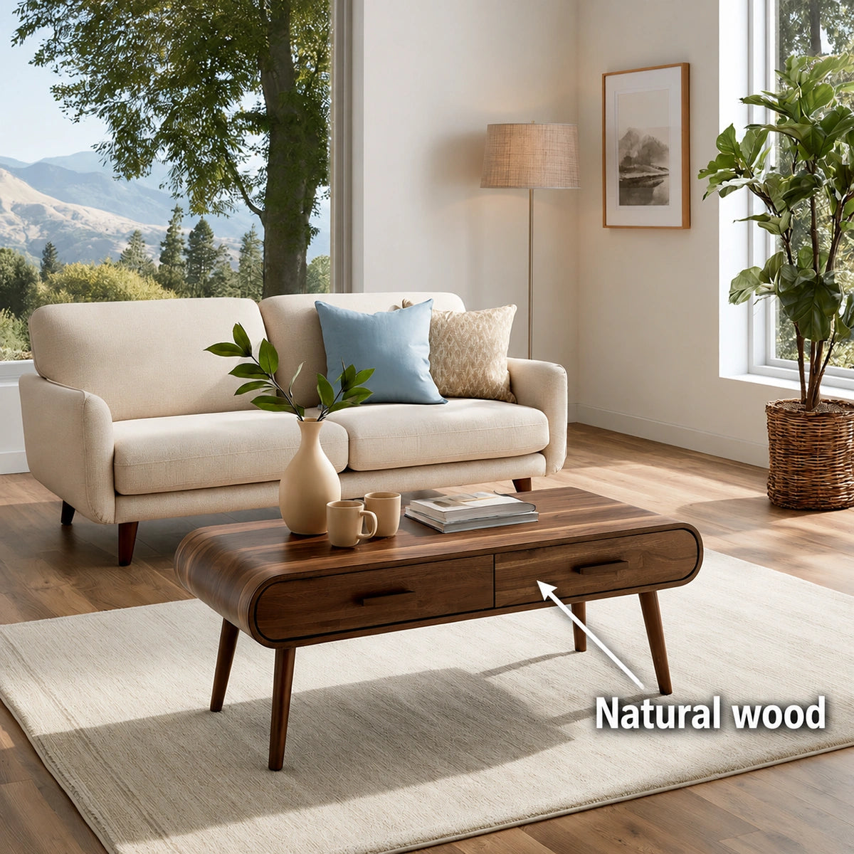 Natural Solid Wood Coffee Table with 2 Drawers – Mid-Century Modern Style - Livewoodcraft - 10