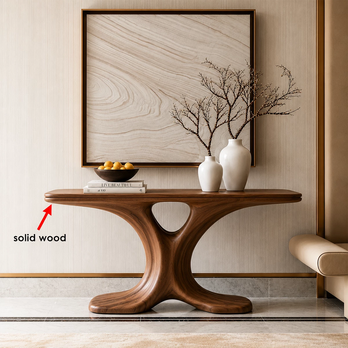 Natural Solid Wood Console Table Sculptural Twin Arch Modern Style - Livewoodcraft - 10
