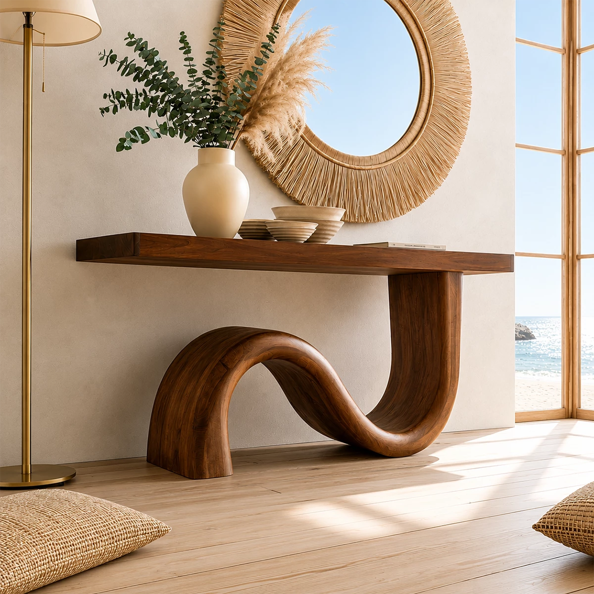 Natural Solid Wood Console Table Sculptural Wave Modern Style - Livewoodcraft - 10
