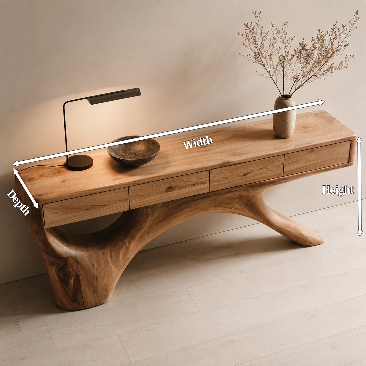 Natural Solid Wood Console Table with Four Drawers Sculptural Branch Style - Livewoodcraft - 10