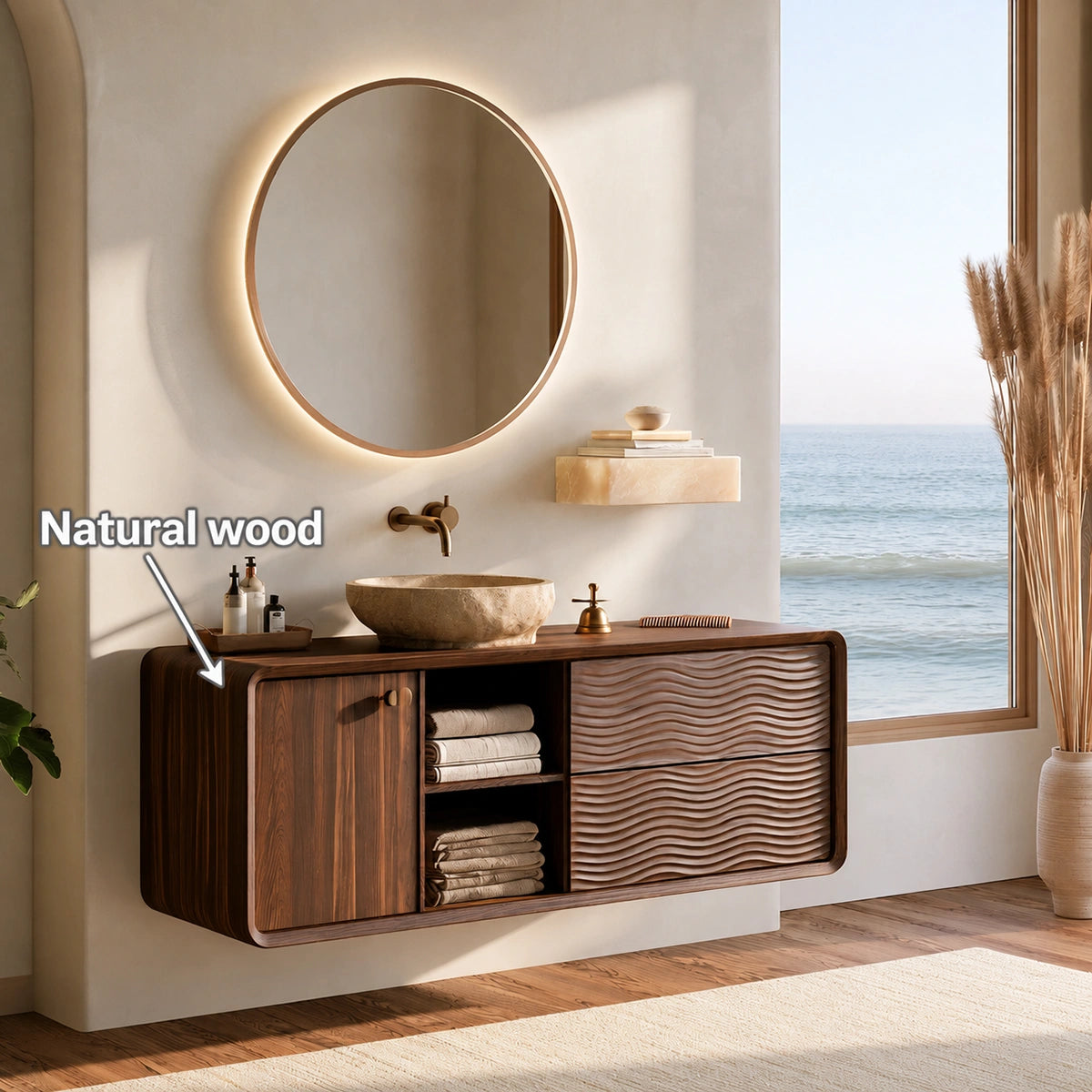 Natural Solid Wood Double Bathroom Vanity with 2 Drawers and Open Shelves - Livewoodcraft - 10