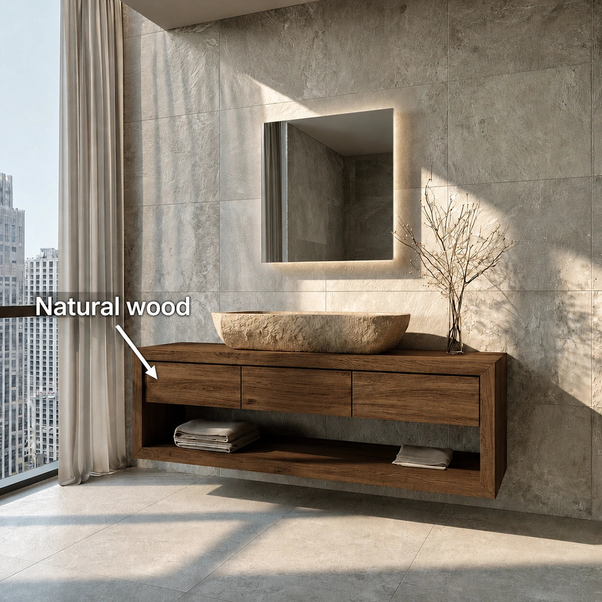 Natural Solid Wood Floating Bathroom Vanity with 3 Drawers and Open Shelf - Livewoodcraft - 1376 - 10
