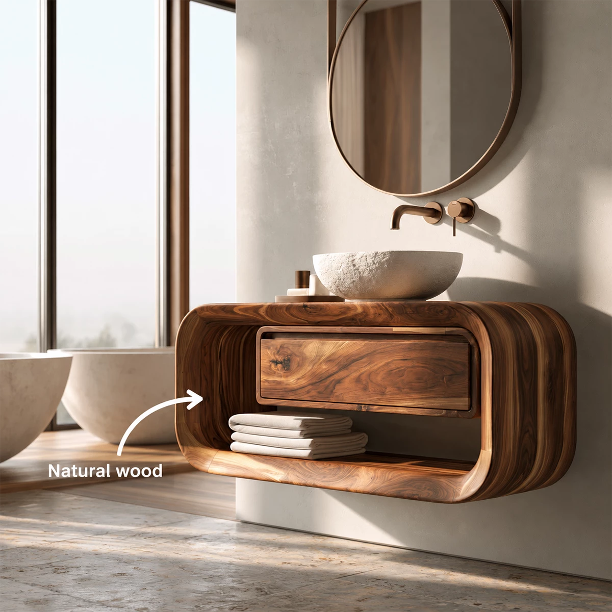 Natural Solid Wood Floating Bathroom Vanity with Drawer and Open Shelf - Livewoodcraft - 11