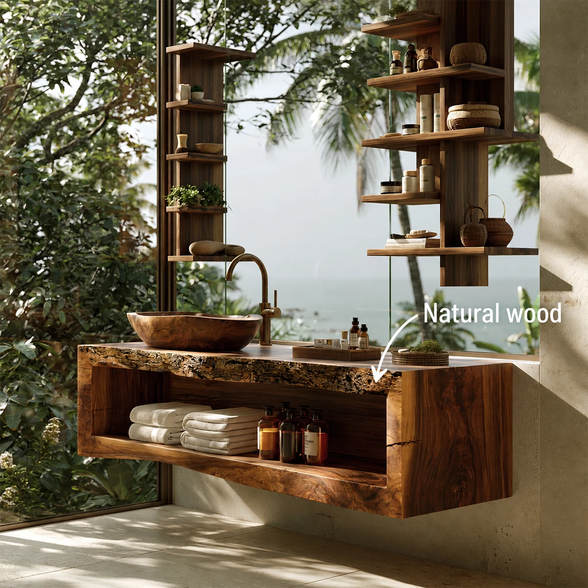 Natural Solid Wood Floating Bathroom Vanity with Full Width Open Shelf - Livewoodcraft - 10