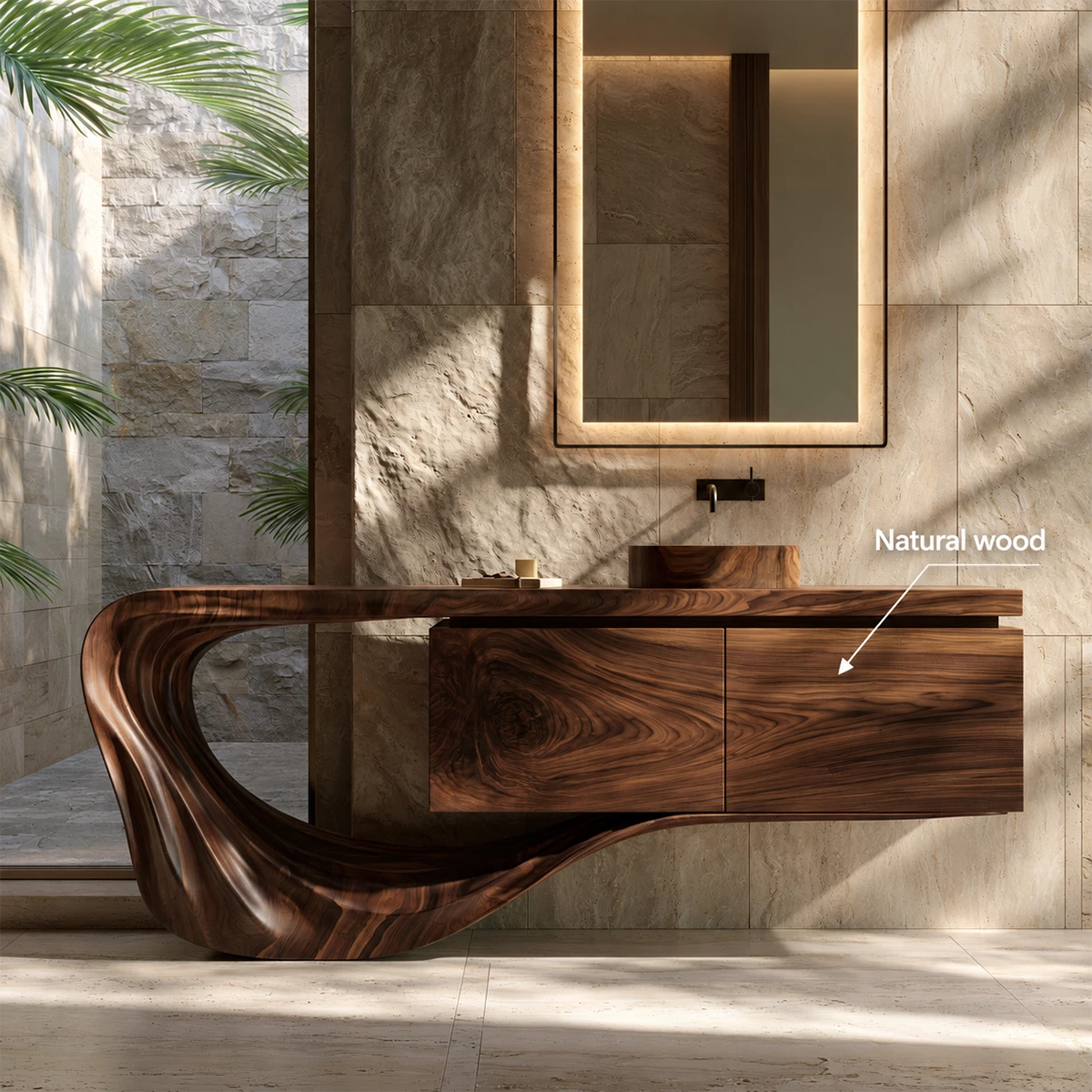 Natural Solid Wood Floating Bathroom Vanity with Sculptural Loop Base - Livewoodcraft - 10
