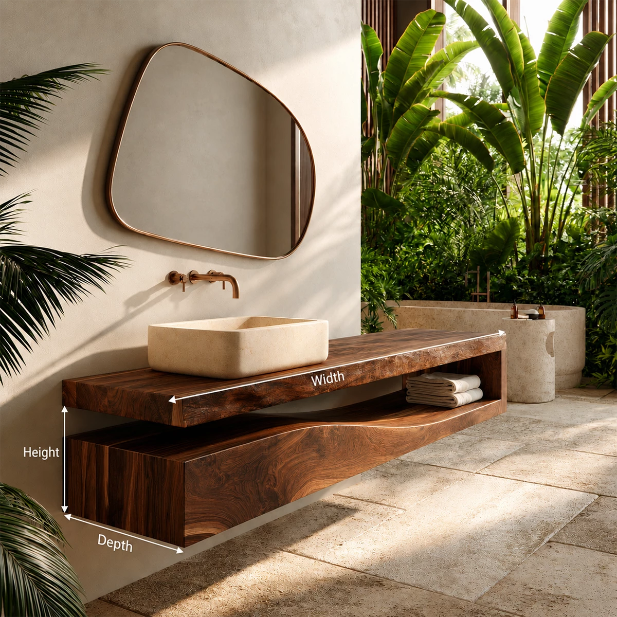 Natural Solid Wood Floating Bathroom Vanity with Sculptural Wave Storage - Livewoodcraft - 10
