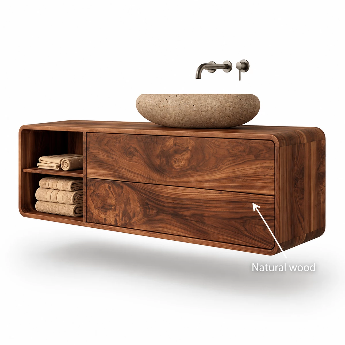Natural Solid Wood Floating Bathroom Vanity with Two Drawers and Open Shelf - Livewoodcraft - 0848 - 11