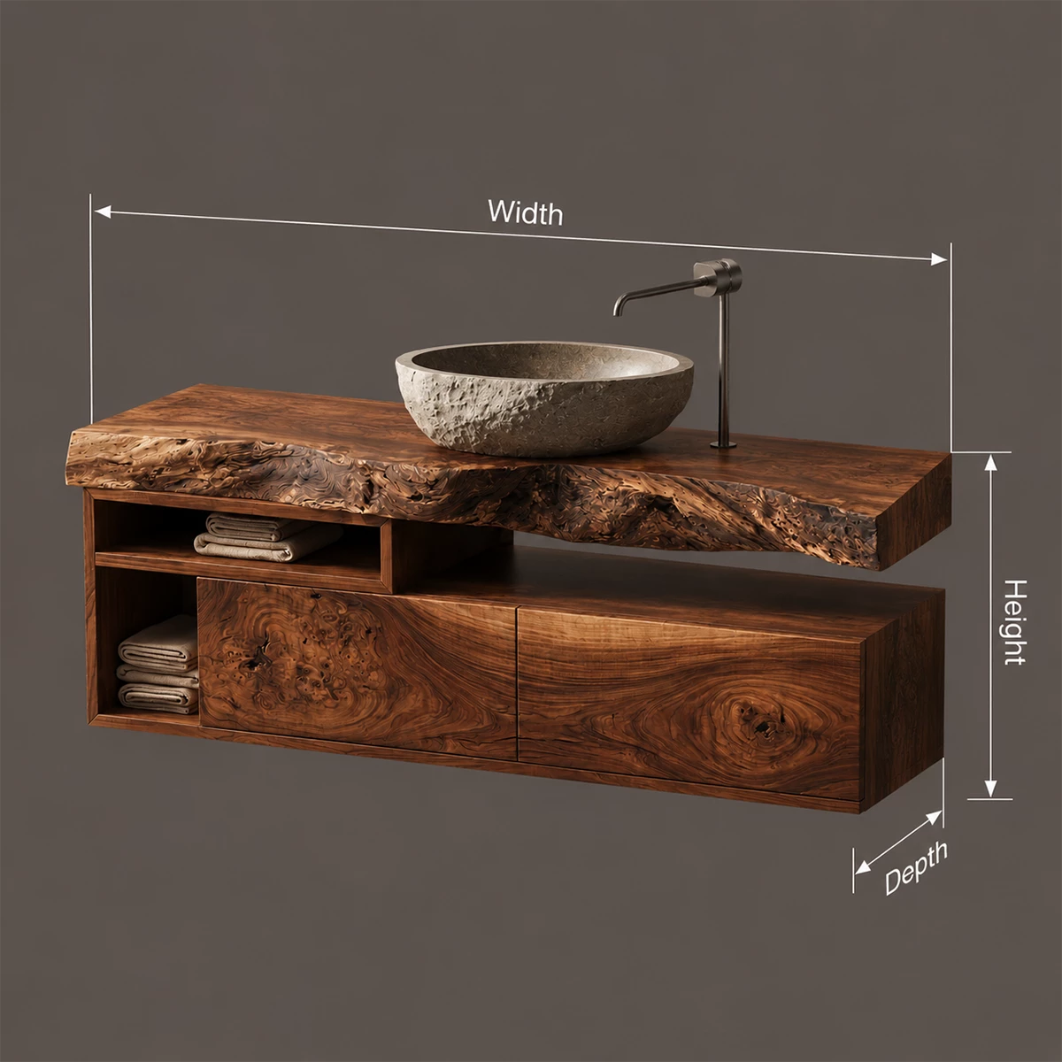 Natural Solid Wood Floating Bathroom Vanity with Two Drawers and Open Shelves - Livewoodcraft - 10