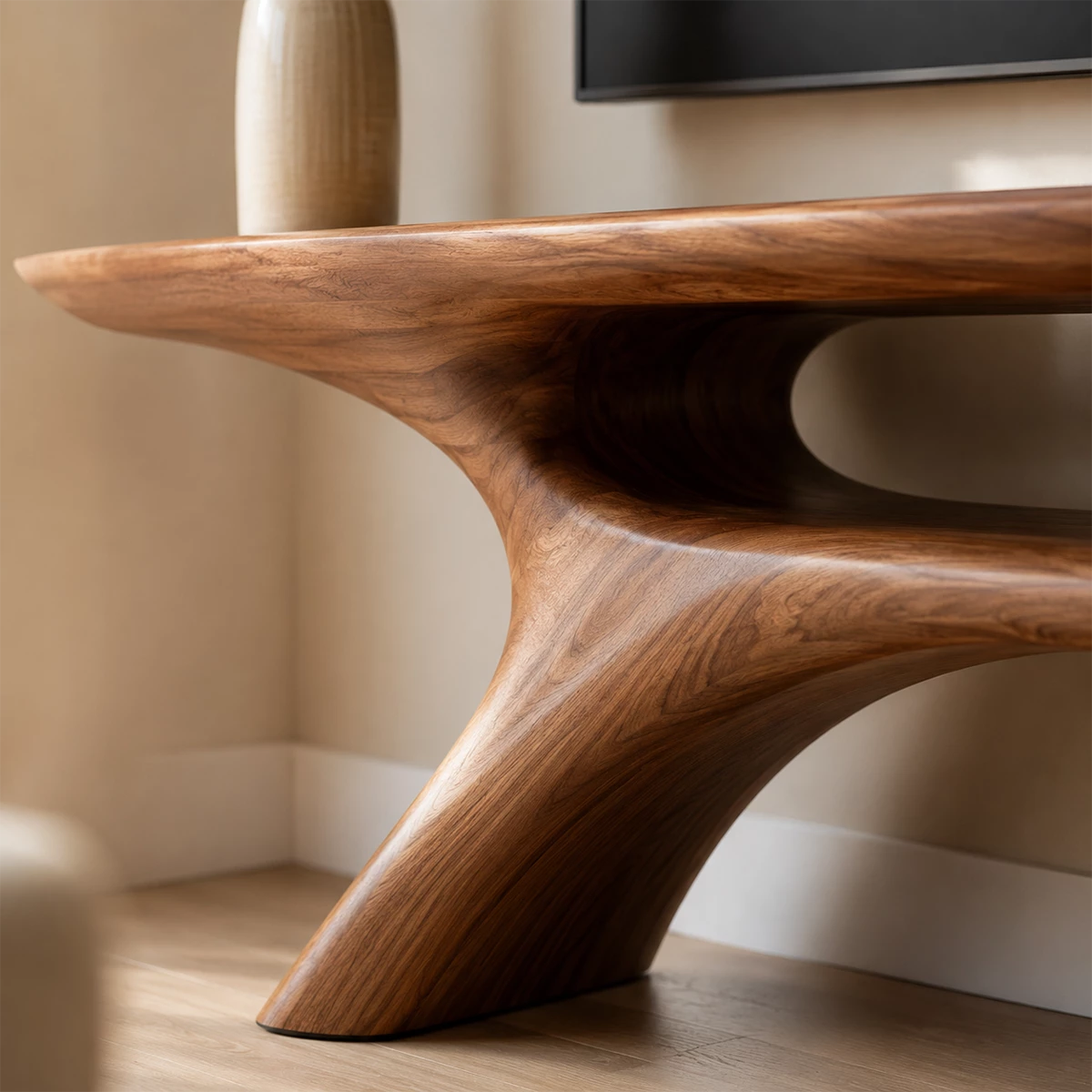 Natural Solid Wood TV Stand with Open Media Shelf and Sculptural Branch Base - Livewoodcraft - 9