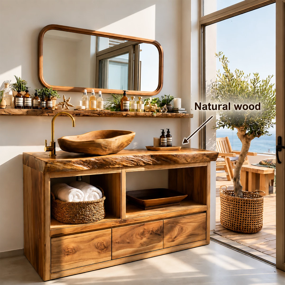Natural Wood Bathroom Vanity With Live Edge Countertop & Open Storage - Livewoodcraft - 11