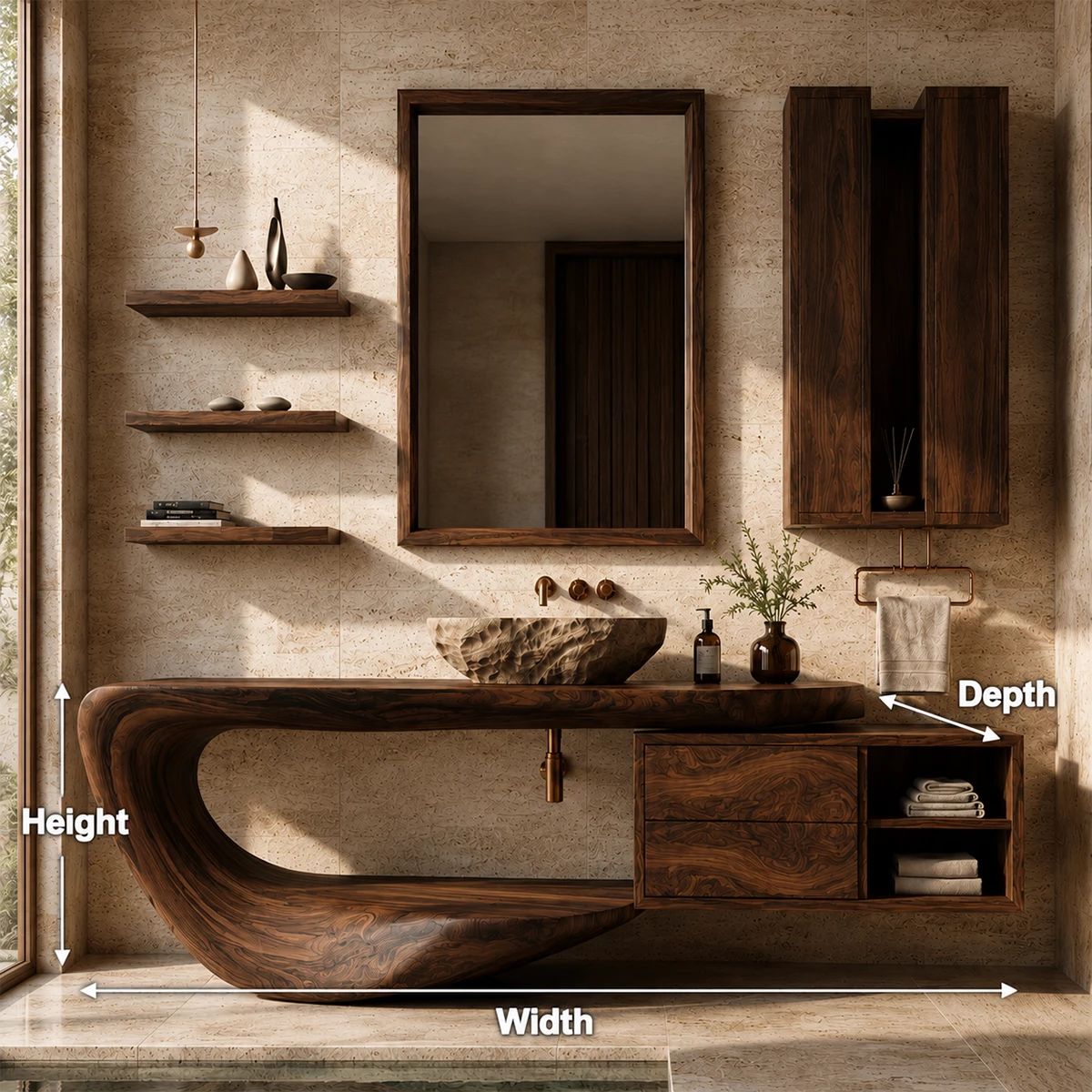 Organic Floating Bathroom Vanity With Sculptural Curved Wood Base & Wall Storage - Livewoodcraft - 11