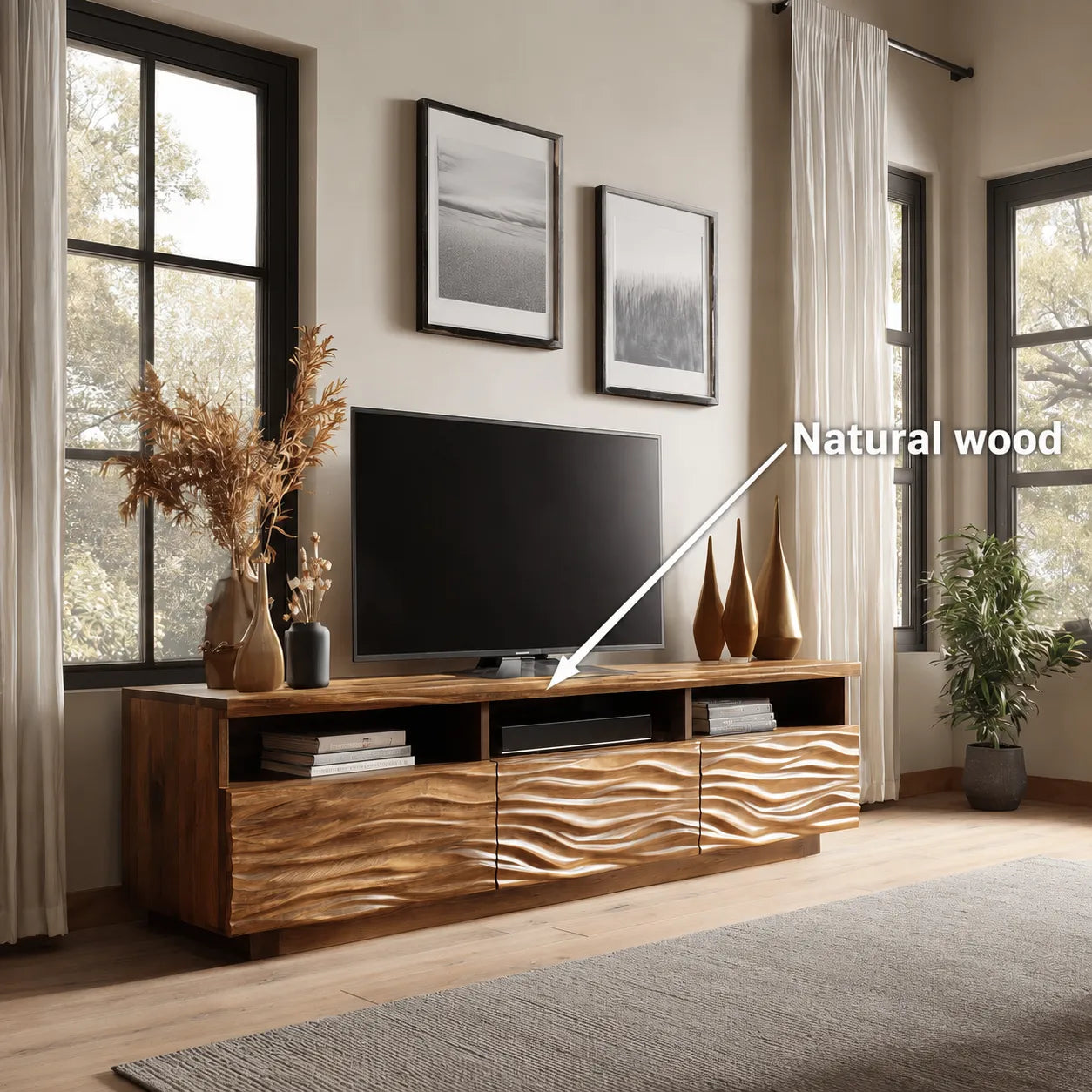 Wave Carved Natural Solid Wood TV Stand with Open Shelf Storage - Livewoodcraft - 11