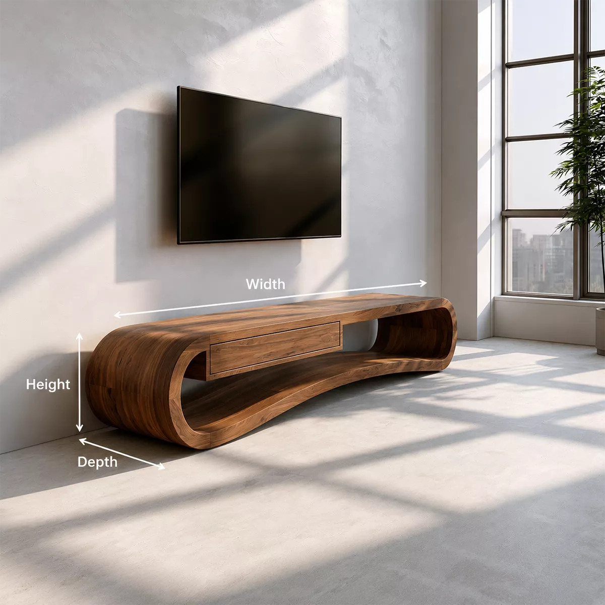 Sculptural Solid Wood TV Stand With Rounded Loop Frame, Open Shelf And Center Drawer For Living Room