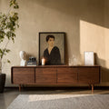 Low Profile Natural Solid Wood TV Stand with Rounded Four Door Storage