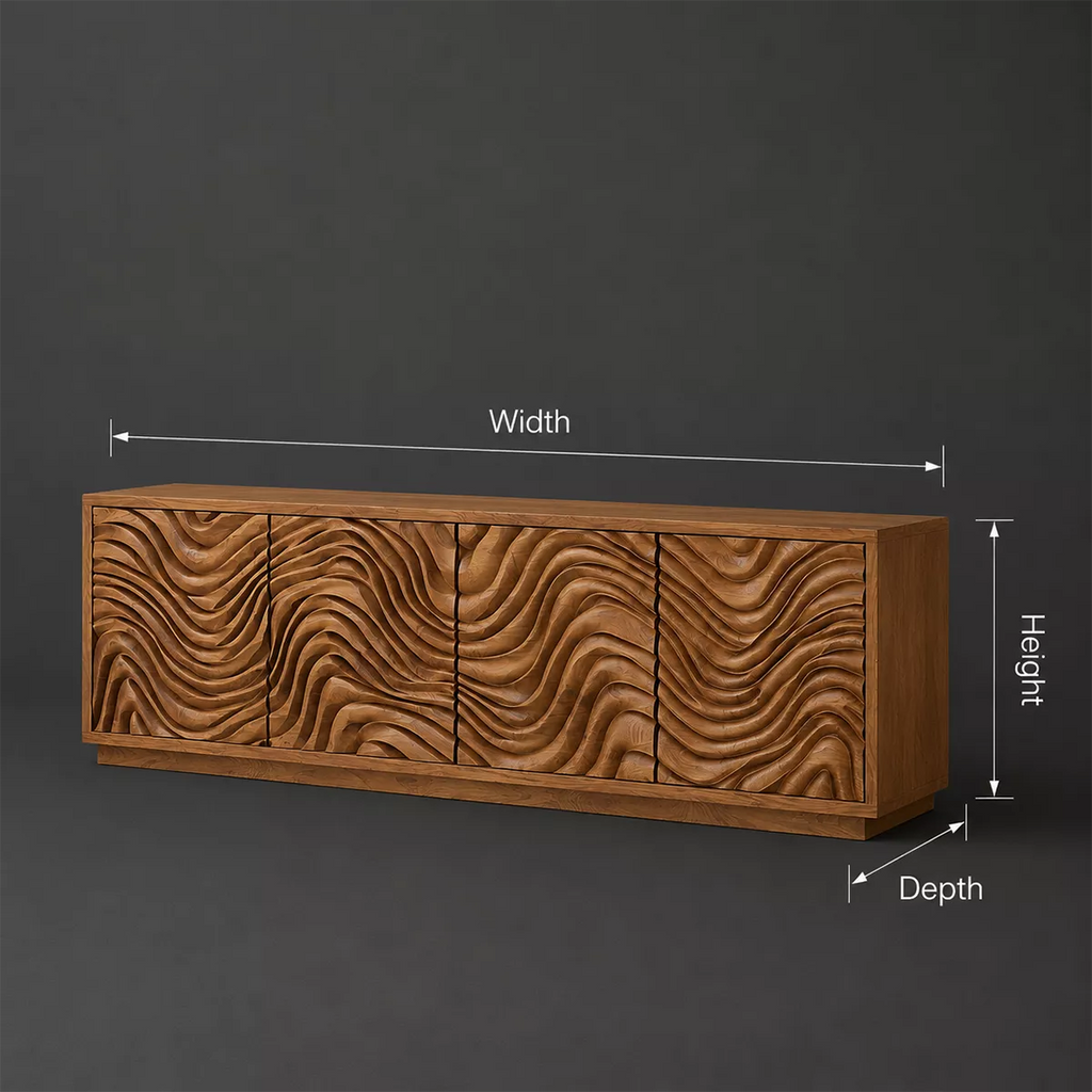 Carved Wave Solid Wood TV Stand With Sculptural Cabinet Front And Hidden Storage For Living Room