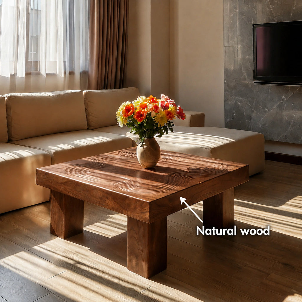 Handcrafted Solid Walnut Square Coffee Table | Sculpted Wood Grain Modern Living Room Table