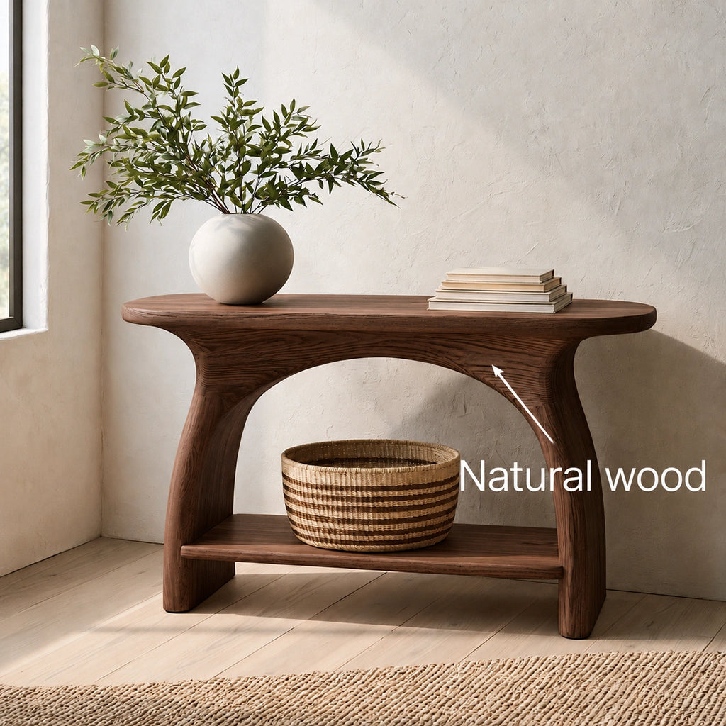 Natural Solid Wood Console Table with Sculptural Arch Base and Open Shelf