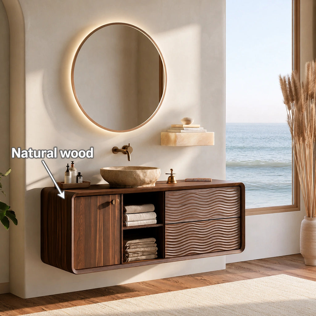Natural Solid Wood Floating Bathroom Vanity with Door, Shelves and 2 Drawers
