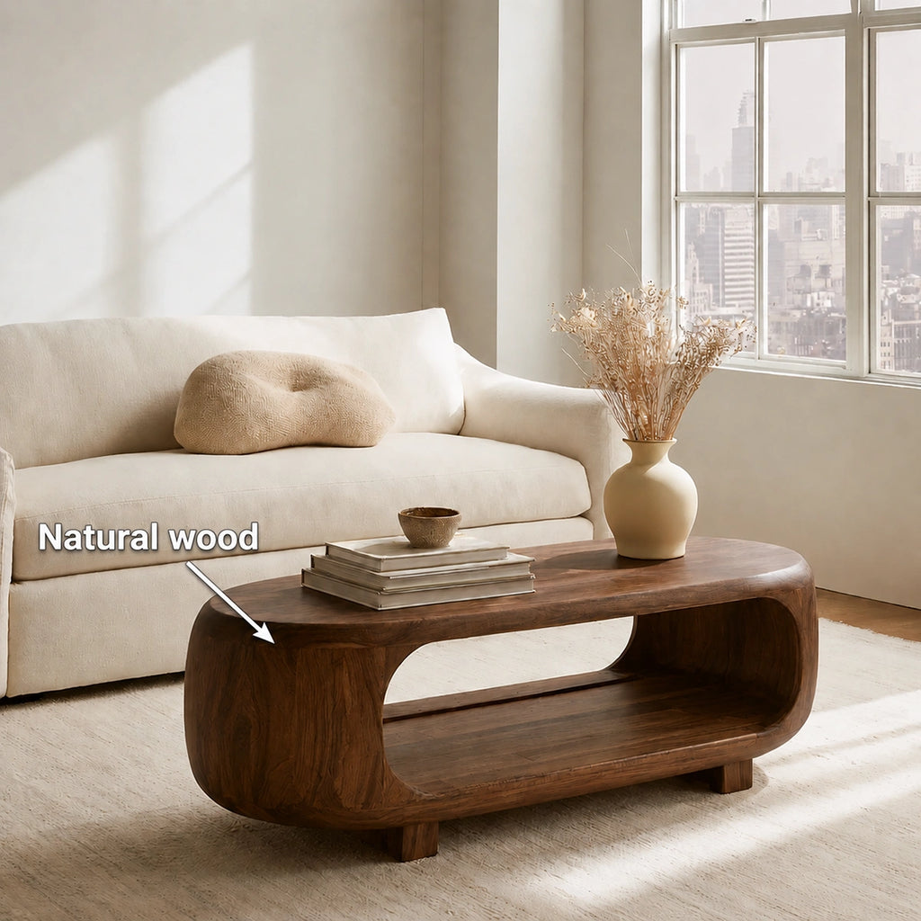 Natural Solid Wood Coffee Table – Rounded Japandi Modern Style