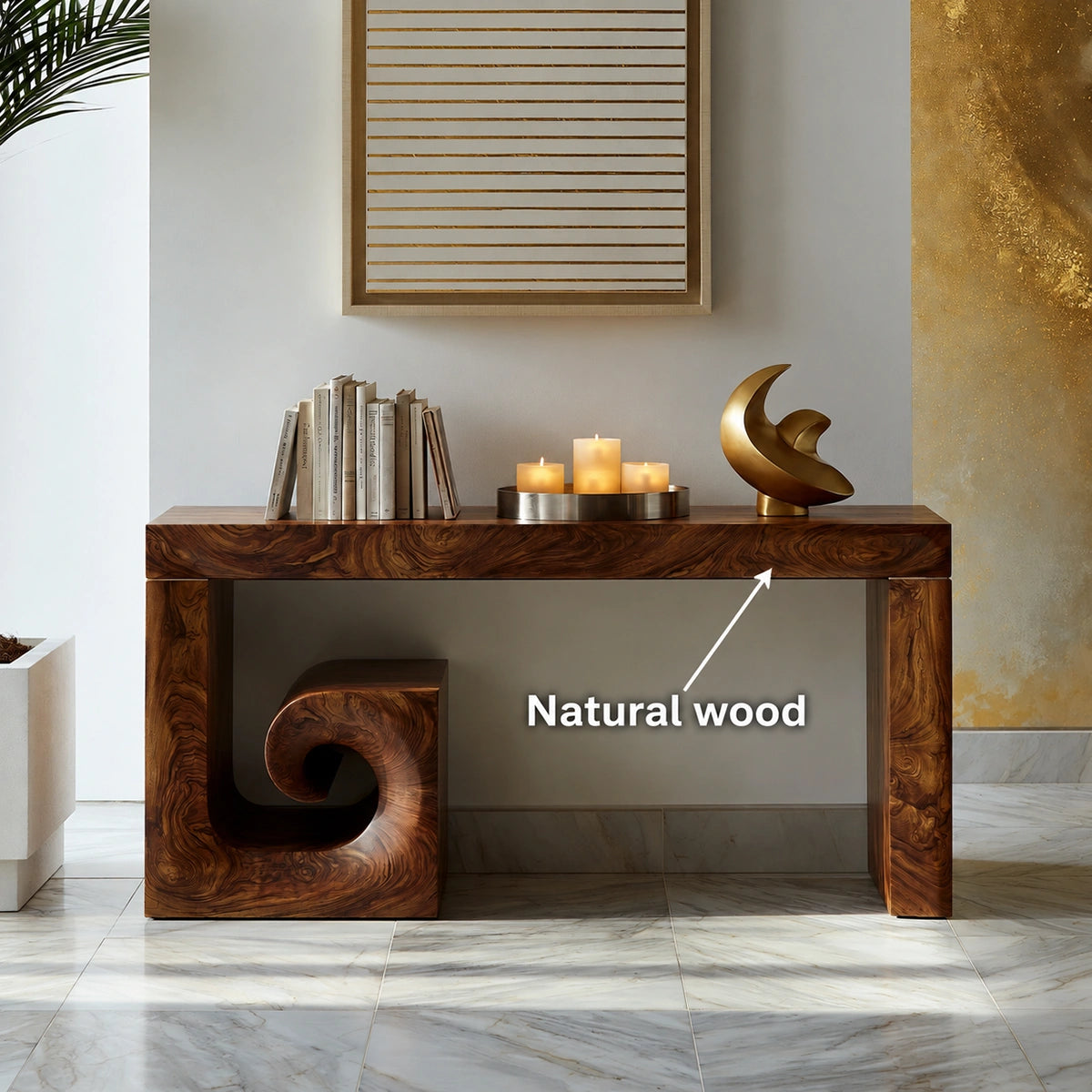 Solid Wood Console Table with Sculptural Stool | Modern Entryway & Hallway Table