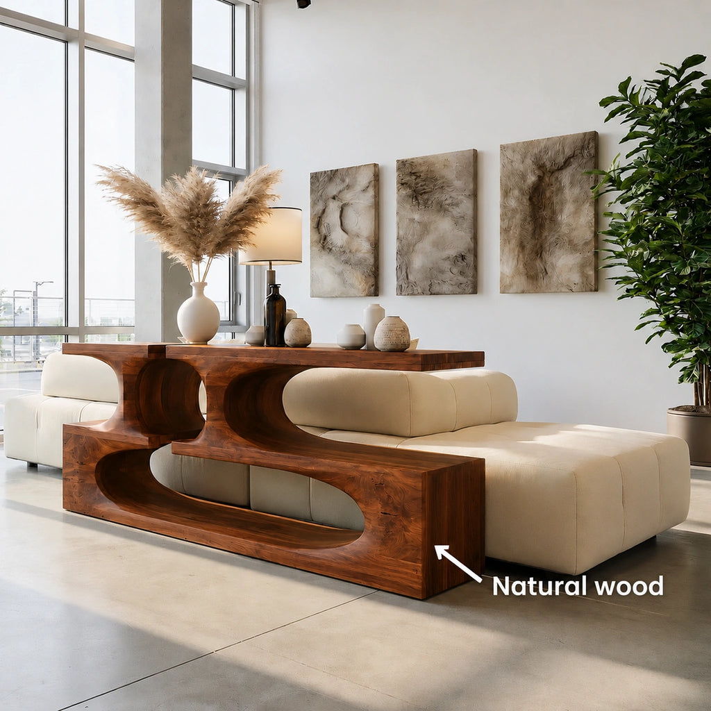 Sculptural Solid Wood Console Table with Open Shelves
