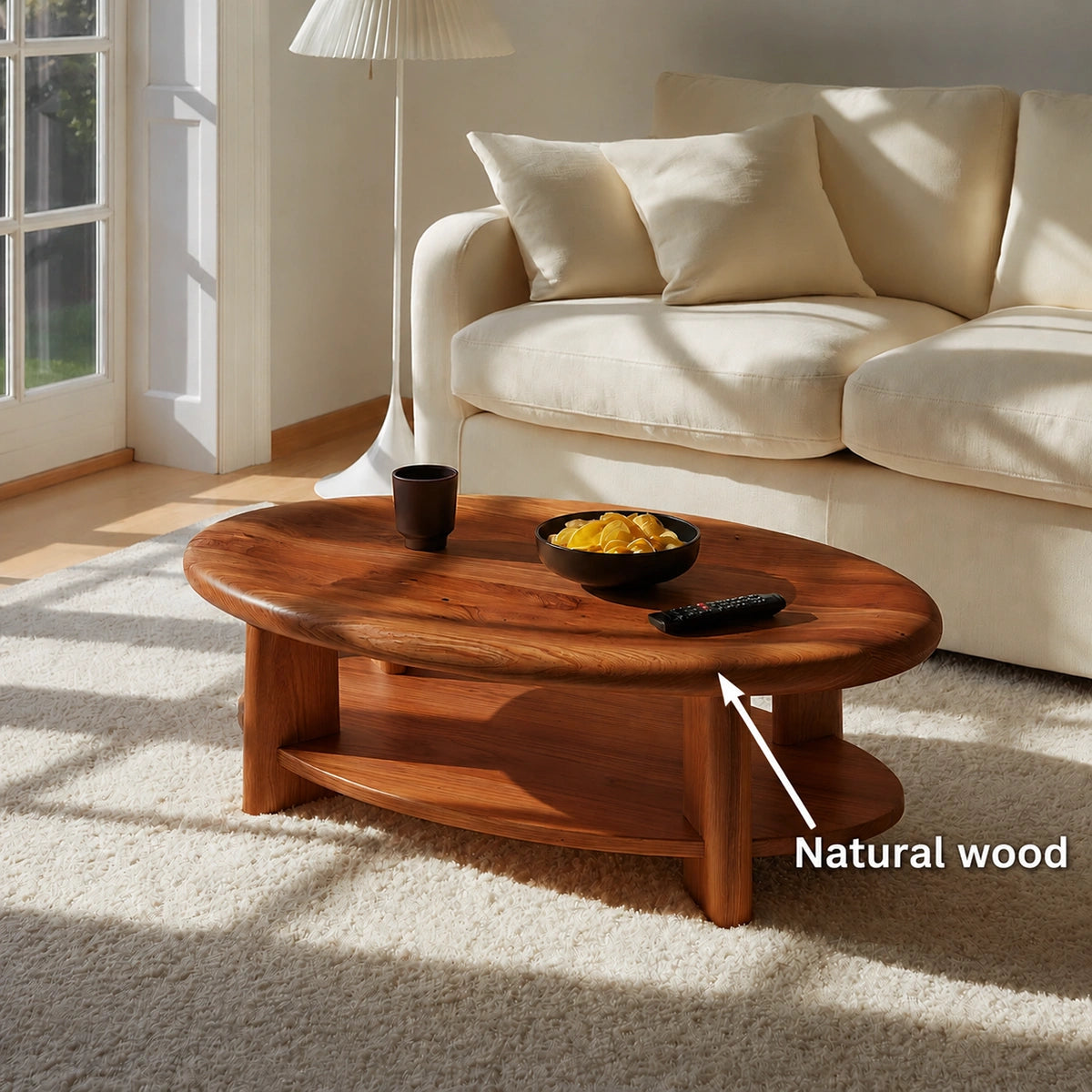 Modern Solid Walnut Round Coffee Table with Open Storage Shelf | Minimalist Living Room Table
