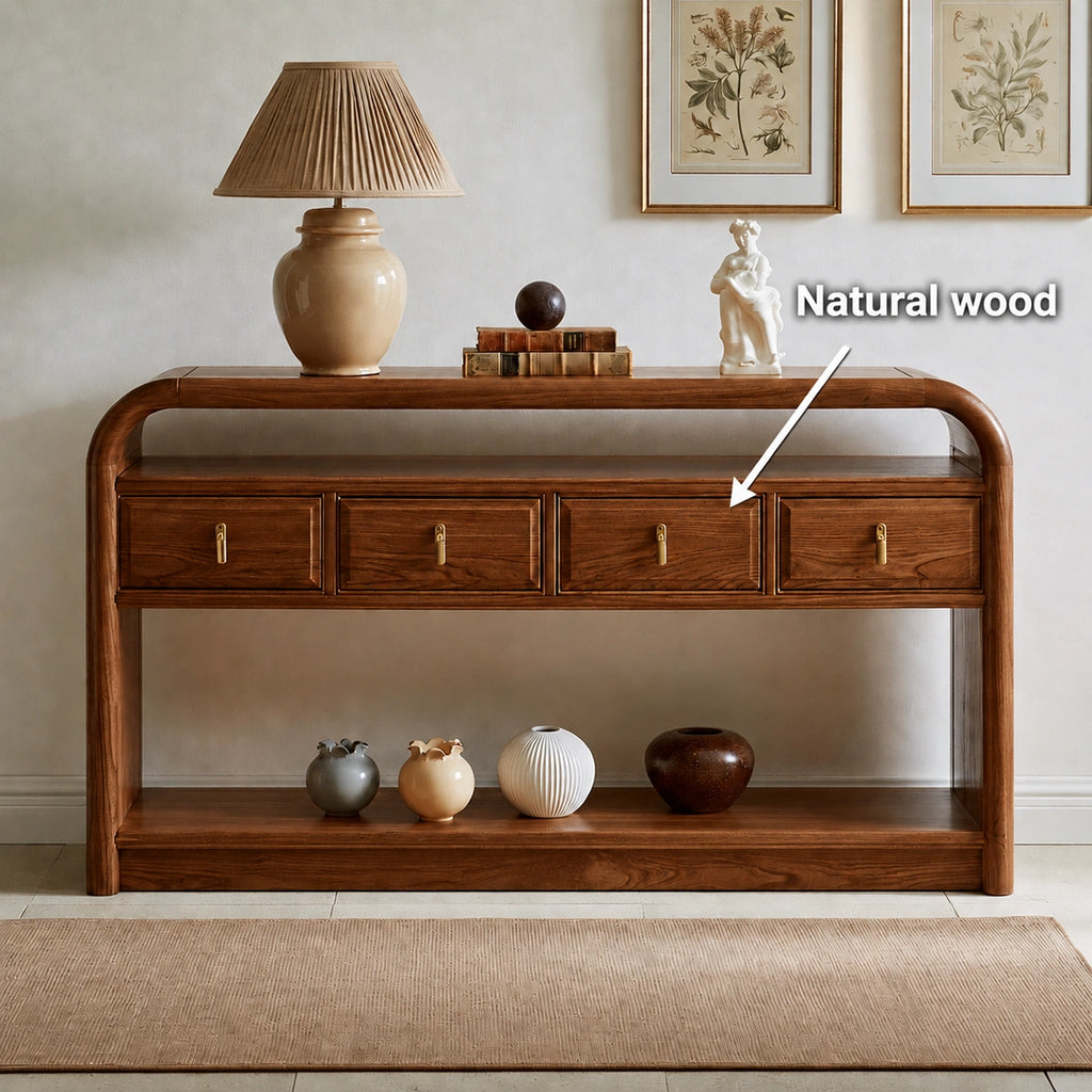 Solid Wood Console Table with Drawers and Open Shelf