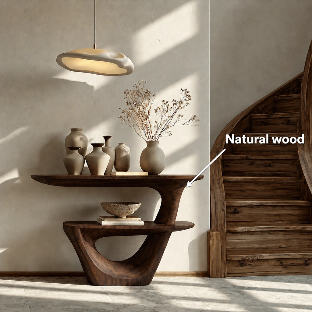Sculptural Solid Wood Console Table with Open Shelf