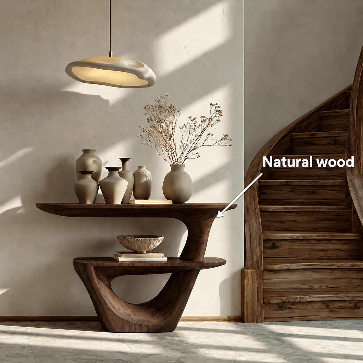 Sculptural Solid Wood Console Table with Open Shelf
