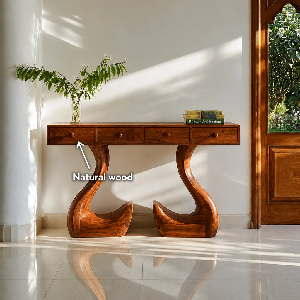 Solid Wood Console Table with Drawers and Sculptural Legs
