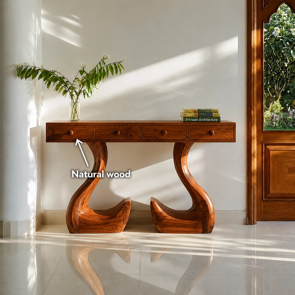 Solid Wood Console Table with Drawers and Sculptural Legs