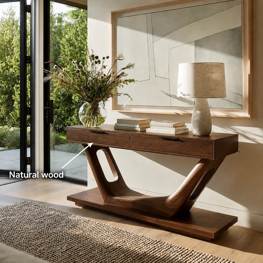 Modern Solid Walnut Console Table with Drawers | Sculptural Entryway Sofa Table