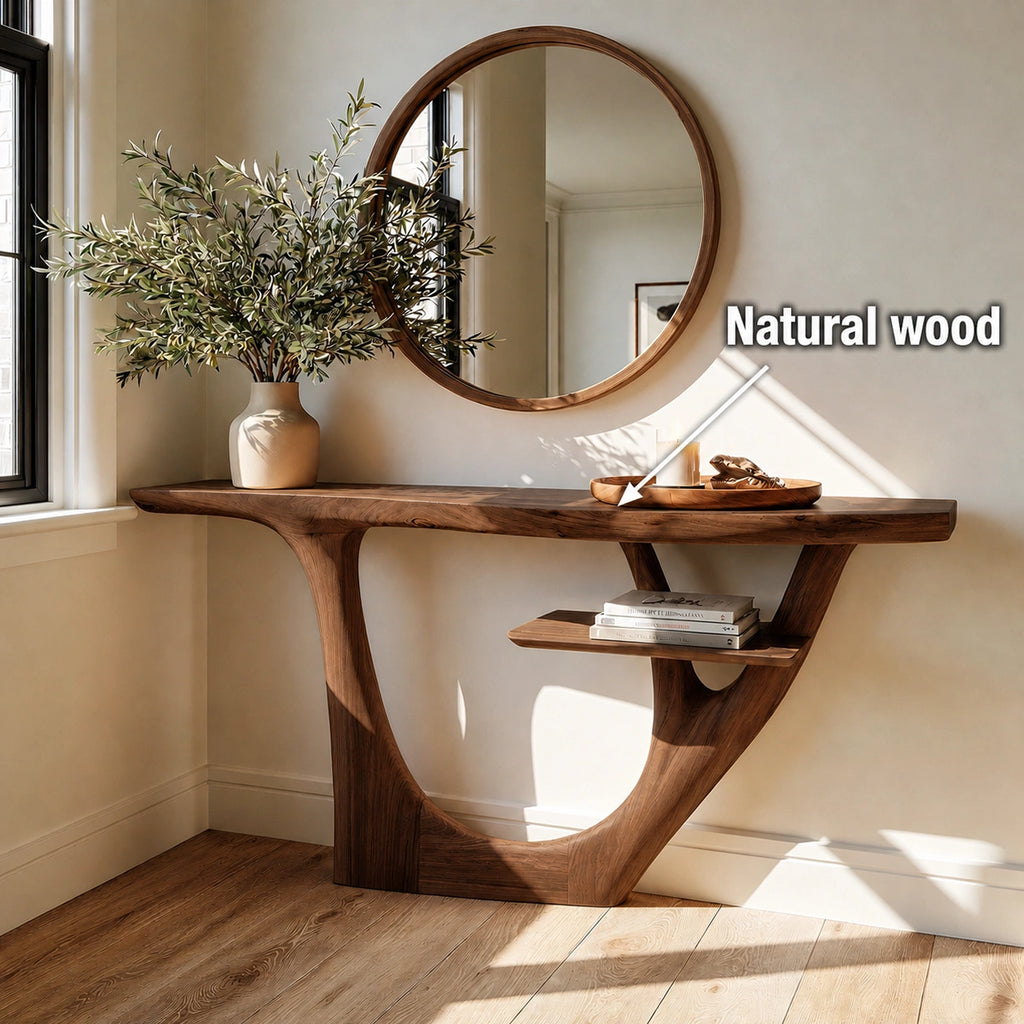 Natural Solid Wood Console Table with Sculptural Open Frame and Display Shelf