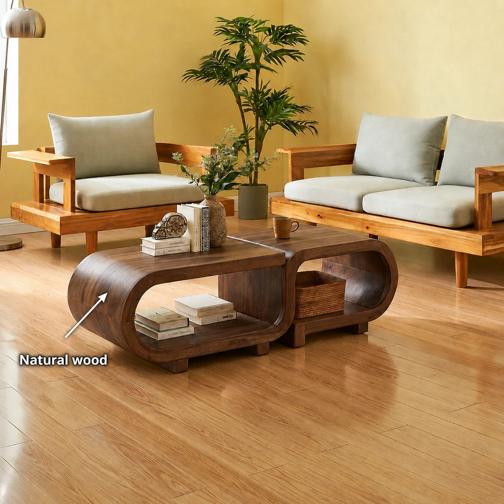 Modern Solid Walnut Nesting Coffee Table Set | Curved Wood Coffee Tables with Open Storage