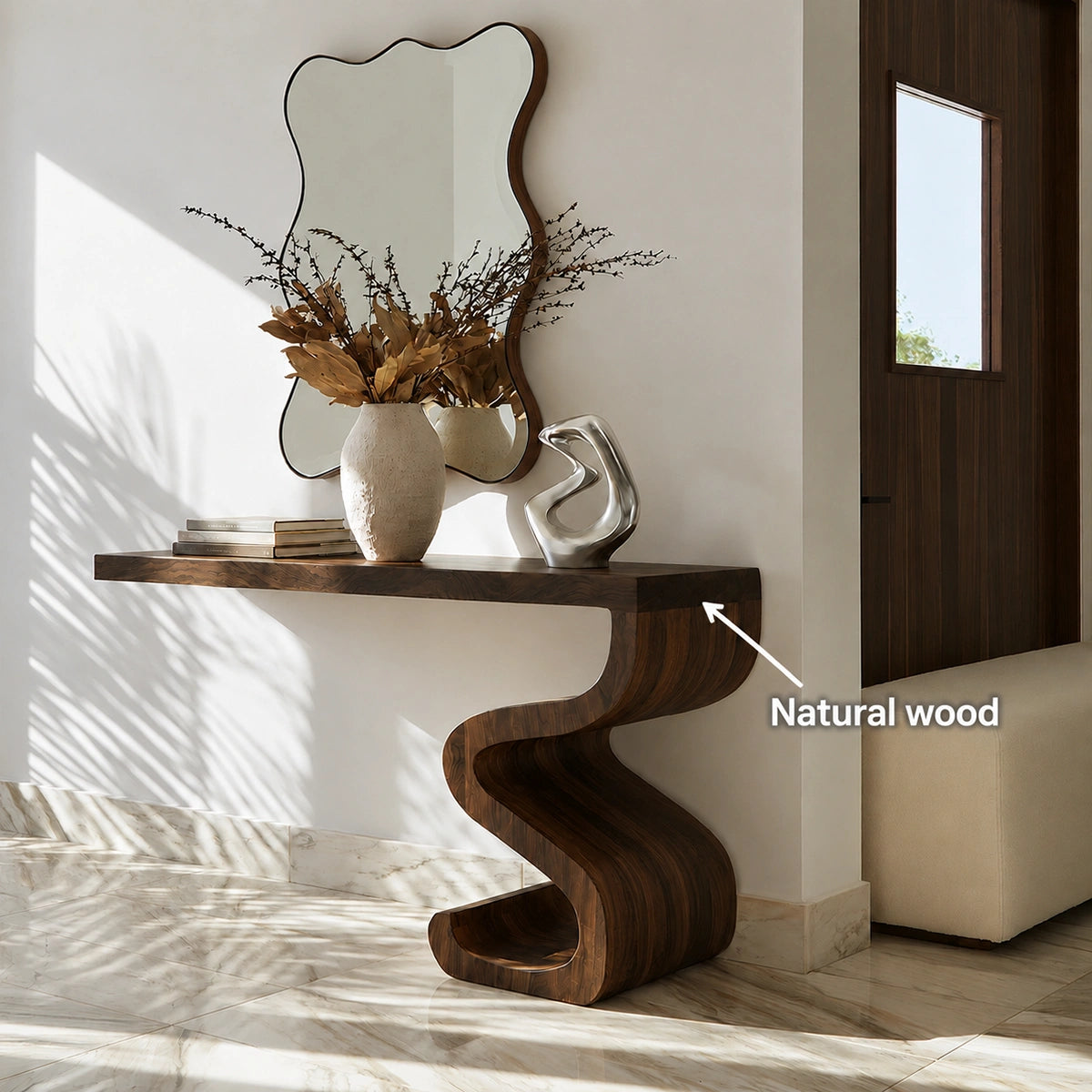 Sculptural Solid Wood Console Table with Curved Base