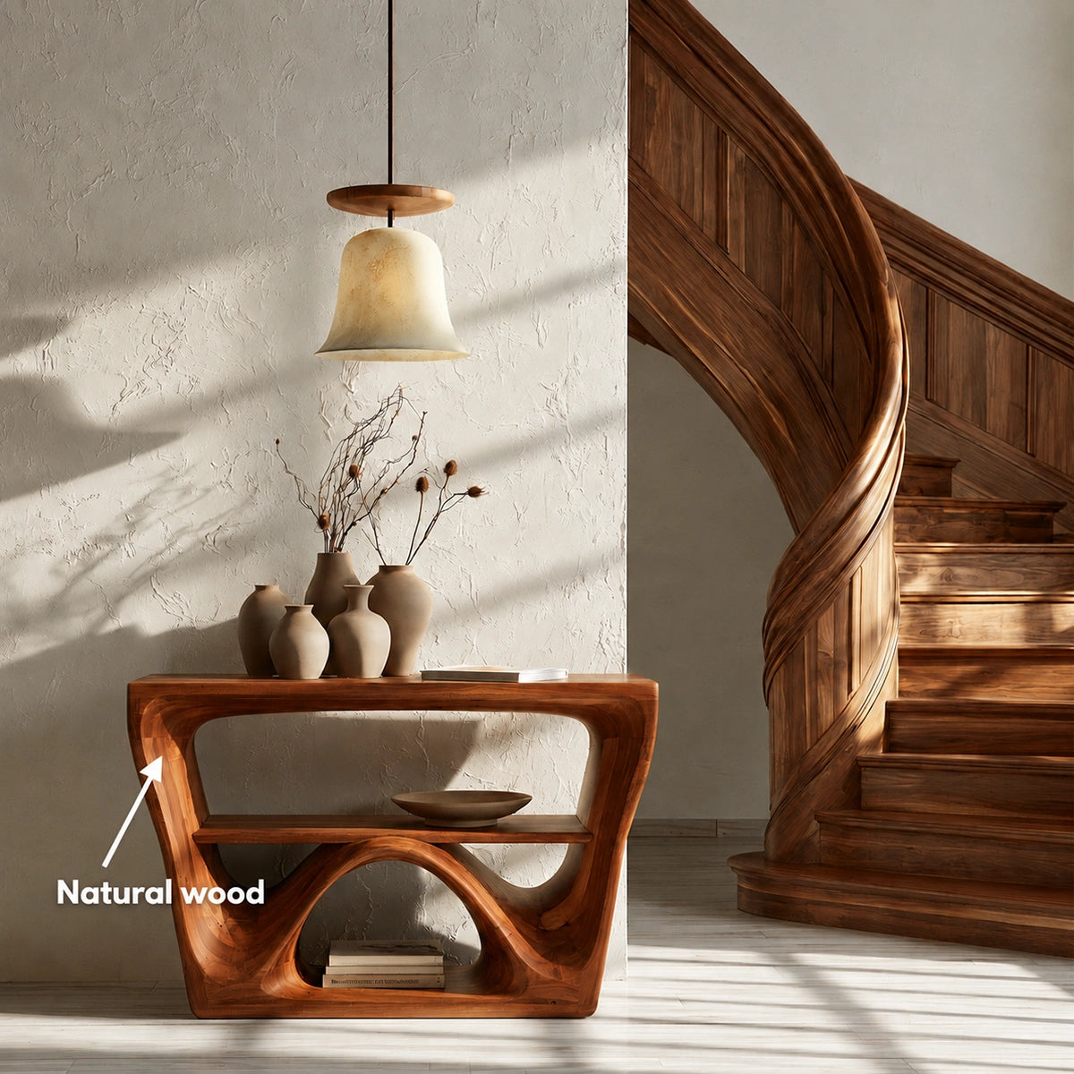 Sculptural Solid Wood Console Table with Open Shelf