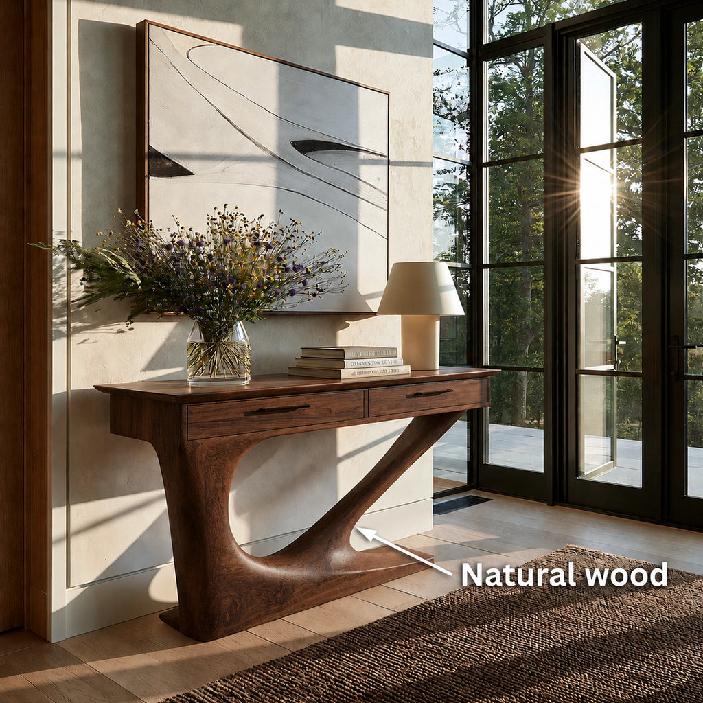 Solid Wood Console Table with Drawers and Sculptural Base
