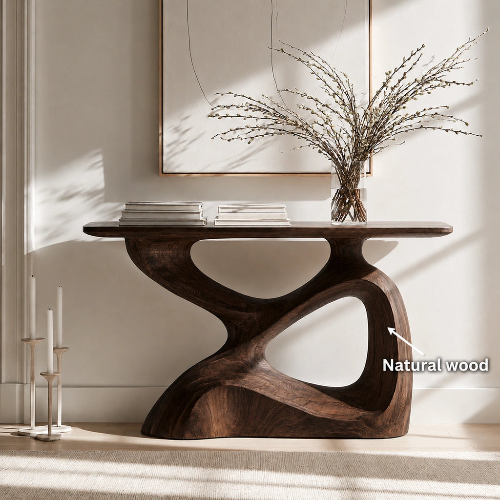 Sculptural Solid Wood Console Table with Organic Open Base