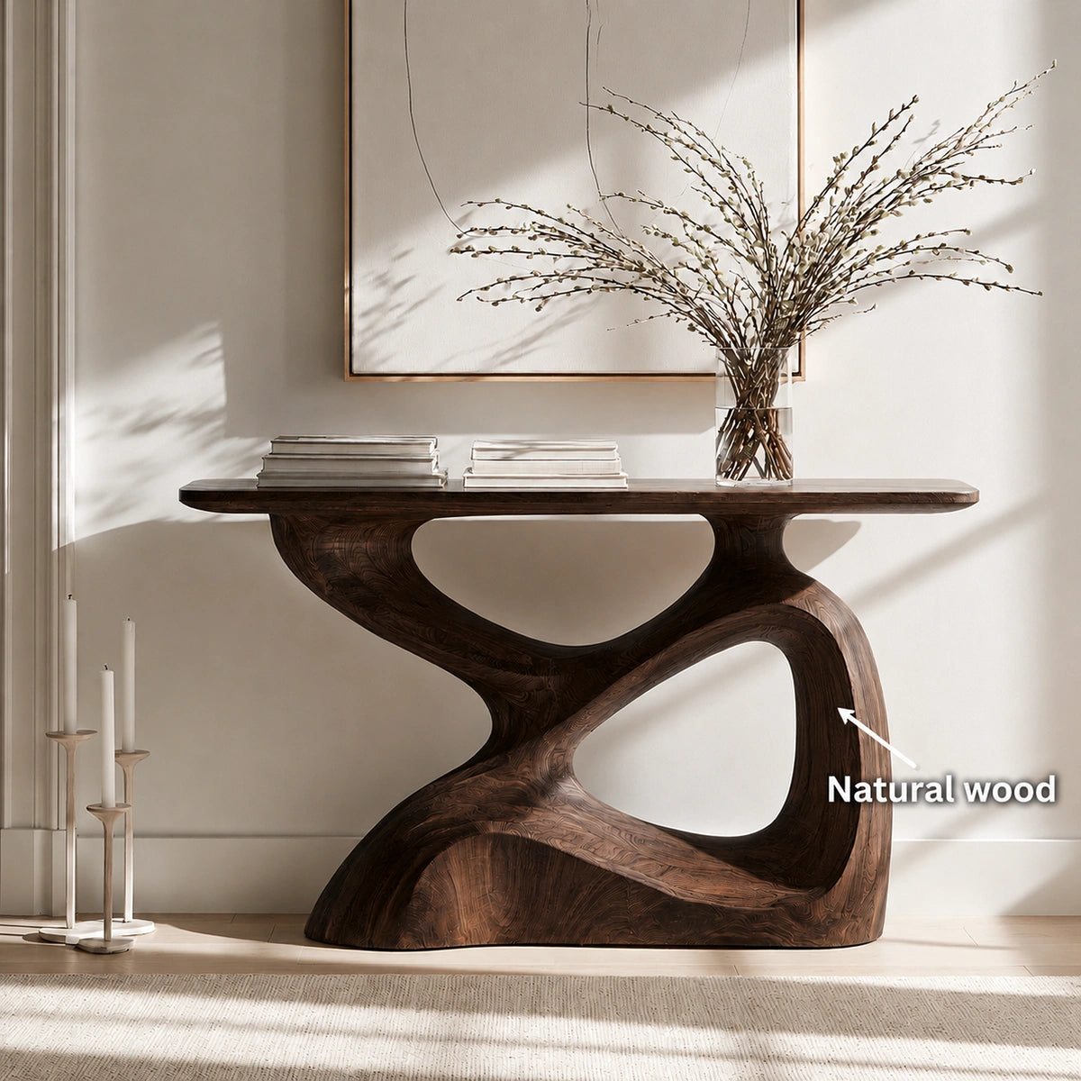 Sculptural Solid Wood Console Table with Organic Open Base